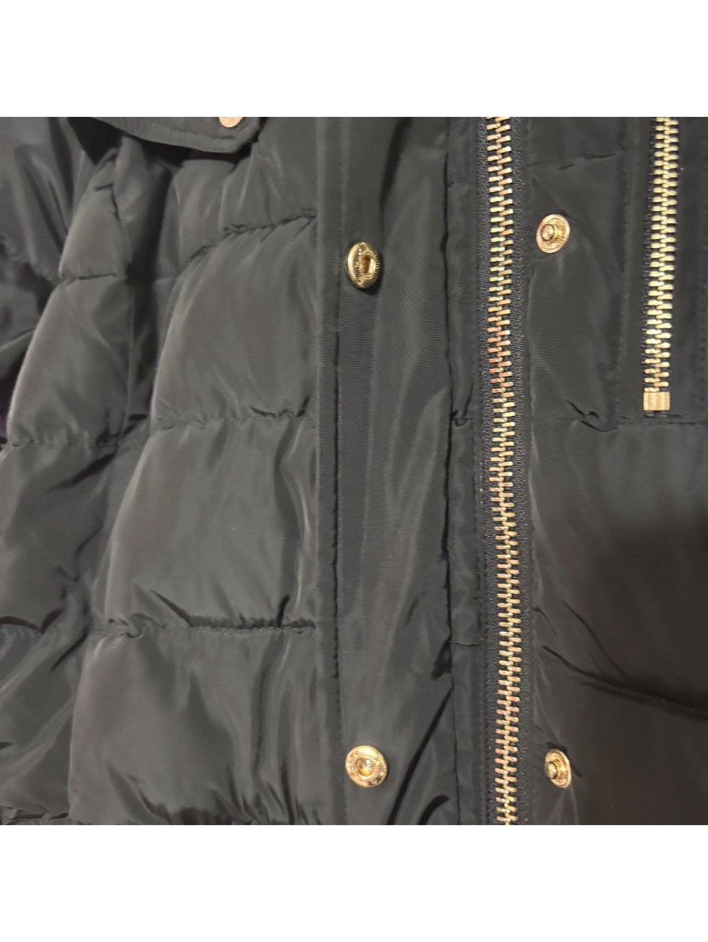Michael Kors Women XL Black Long Puffer Coat Faux Fur Hood Gold Zip - Picture 8 of 11
